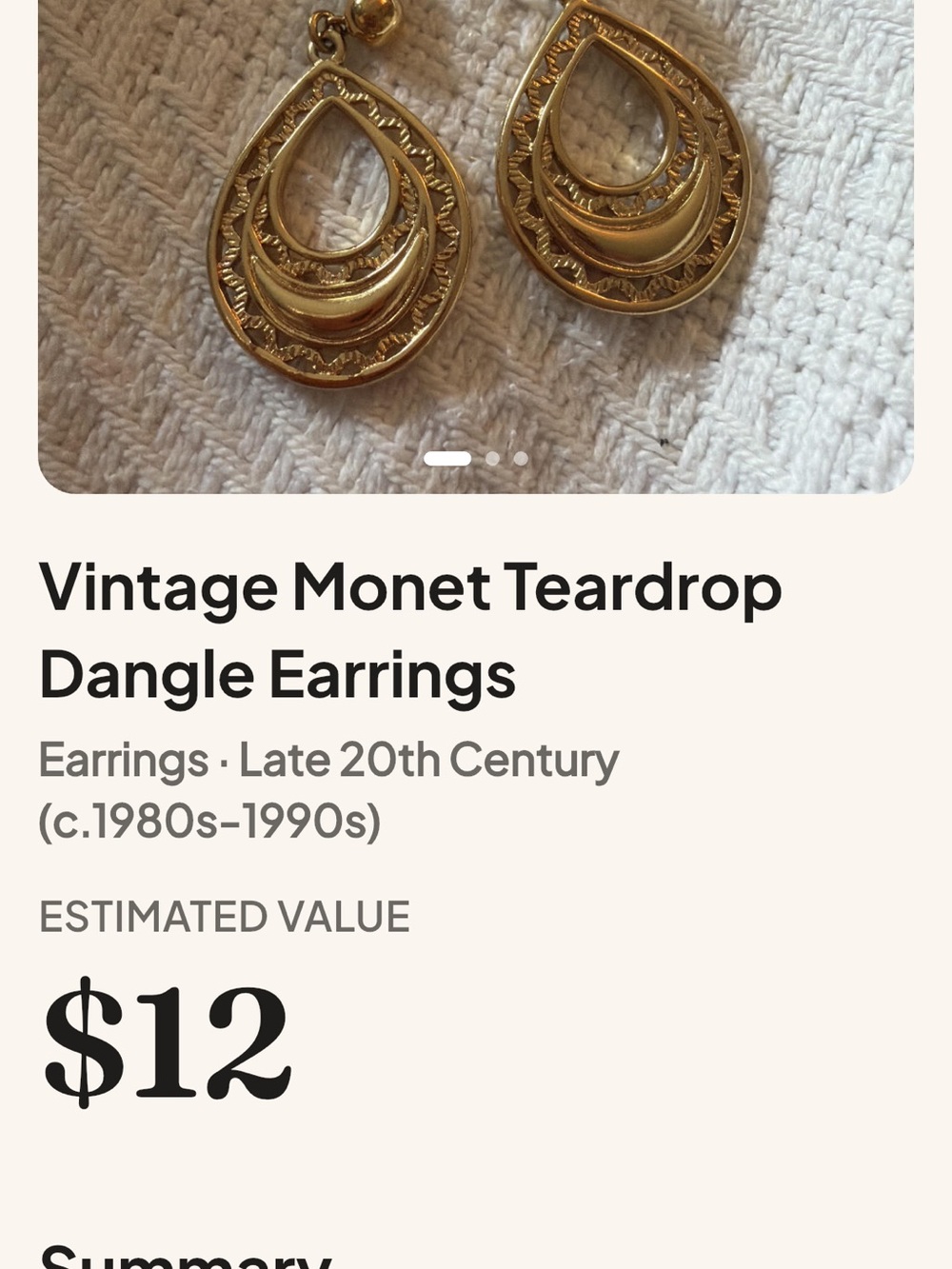 Monet Gold Teardrop Filigree Dangle Earrings